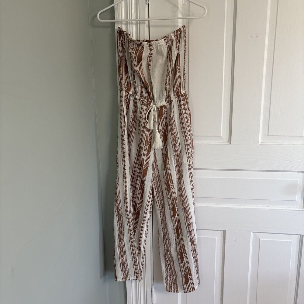 ELAN Small Tan Beige Striped Linen Strapless‎ Wide Leg Cropped Jumpsuit Lounge